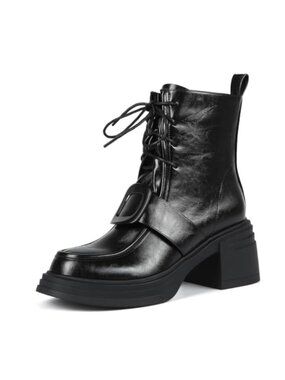 Women's Faux Leather Lace Up Ankle Boots Chunky Heel Platform Buckle